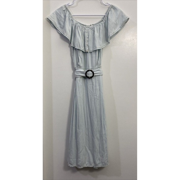 "a loves a" Light Blue Denim Off Shoulder Maxi Dress with Belt‎ - Picture 1 of 12
